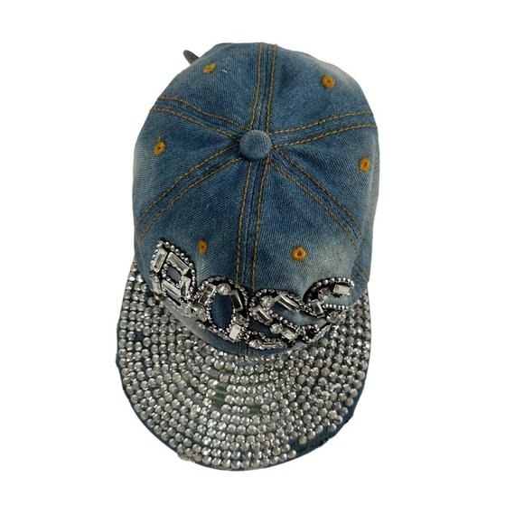 Womens Boss Hat Blue Denim Rhinestones Bling Cap One Size Adjustable Magid Hats - Picture 7 of 11